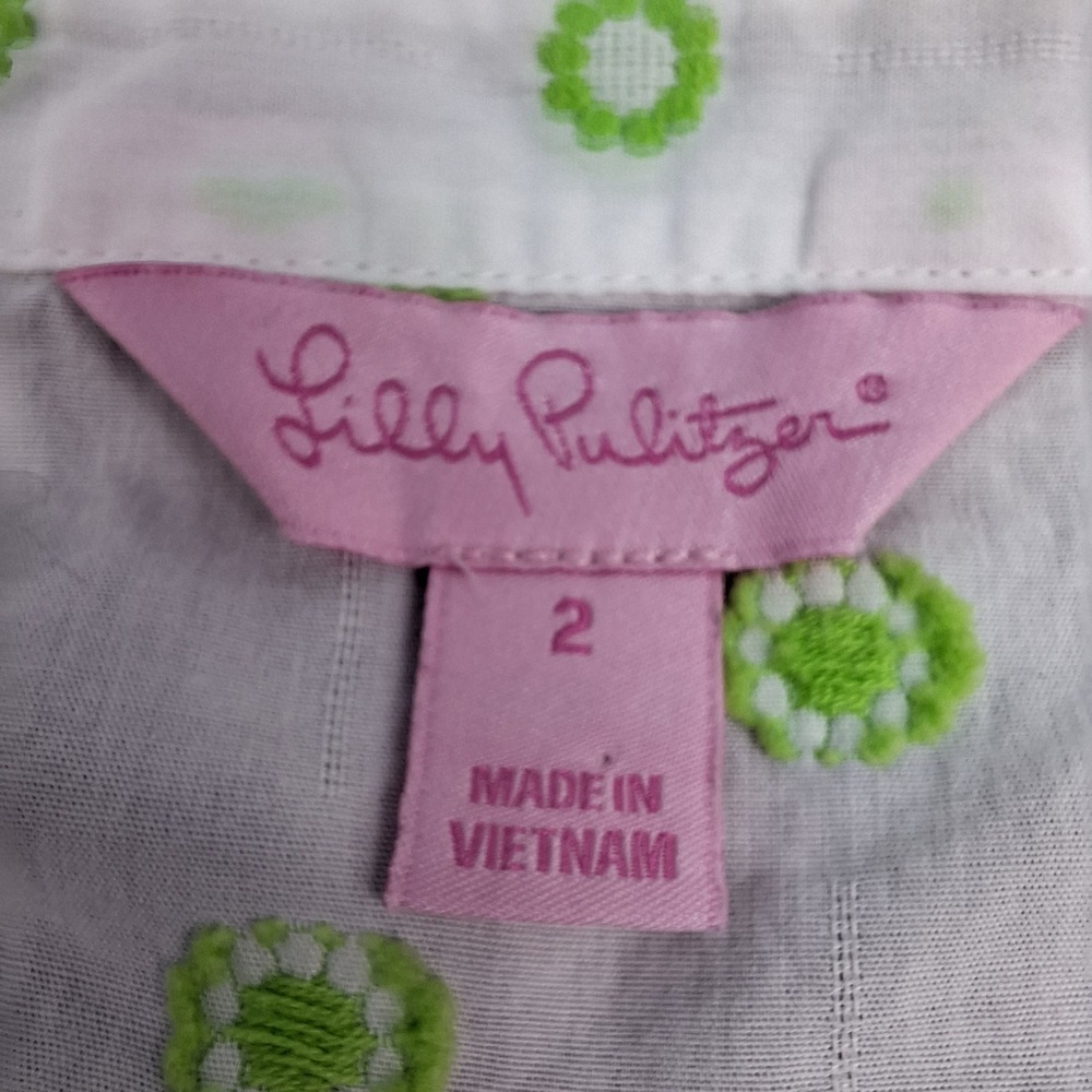 Lilly Pulitzer Shirt Womens 2 White Green Embroidered Pom Pom Trim Preppy Top - Picture 3 of 8